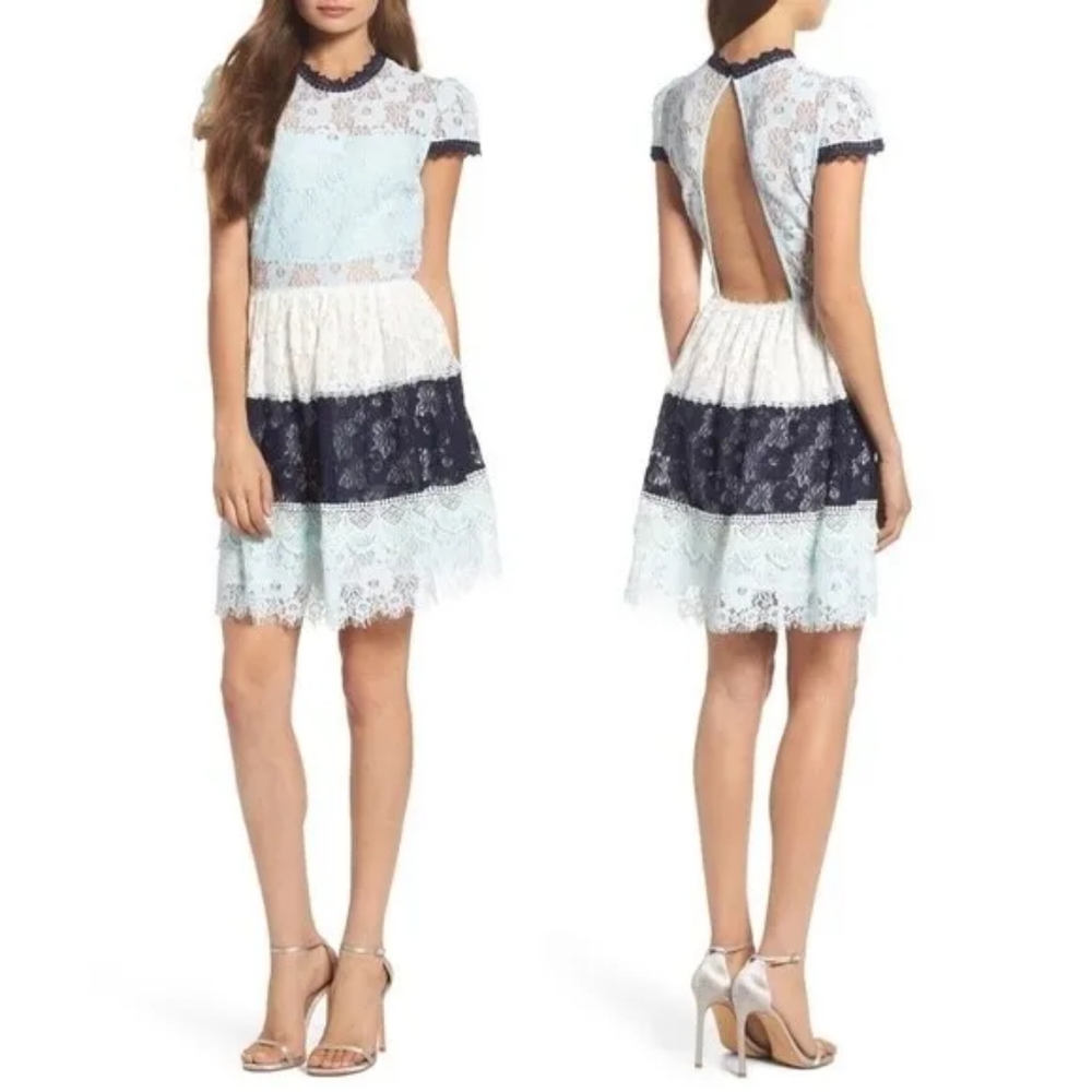 Foxiedox Anthropology Dress Amelia Lace Blue Fit & Flare Open Back Size …